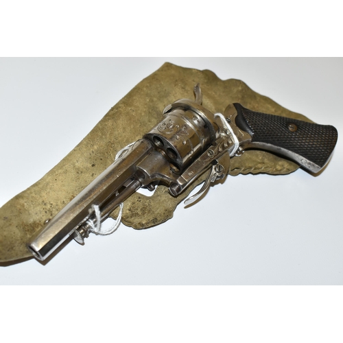 283 - AN ANTIQUE NICKEL PLATED 7MM PINFIRE REVOLVER, bearing Belgian proof marks fitted with a 3 6/8'' bar... 