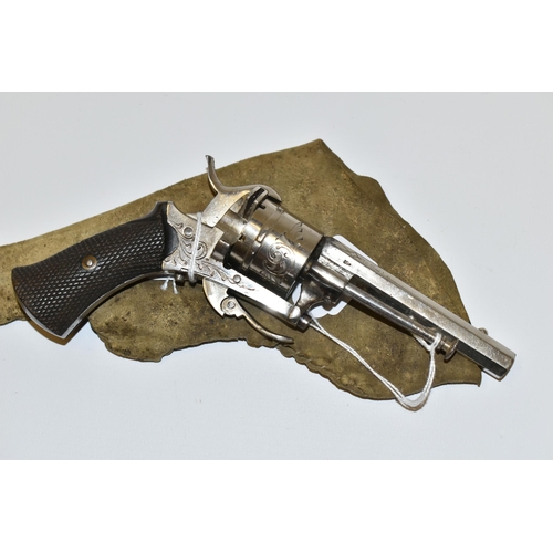 283 - AN ANTIQUE NICKEL PLATED 7MM PINFIRE REVOLVER, bearing Belgian proof marks fitted with a 3 6/8'' bar... 