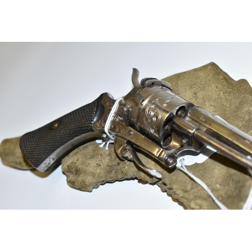 283 - AN ANTIQUE NICKEL PLATED 7MM PINFIRE REVOLVER, bearing Belgian proof marks fitted with a 3 6/8'' bar... 