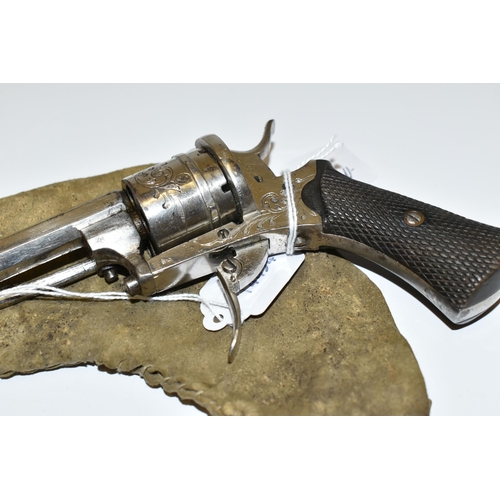 283 - AN ANTIQUE NICKEL PLATED 7MM PINFIRE REVOLVER, bearing Belgian proof marks fitted with a 3 6/8'' bar... 