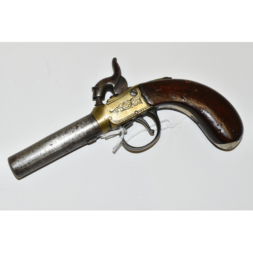 284 - A WORN CONDITION ANTIQUE 52 BORE SCREW OFF BARREL BOXLOCK PERCUSSION PISTOL, the brass body is light... 