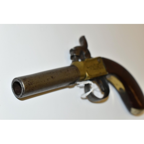 284 - A WORN CONDITION ANTIQUE 52 BORE SCREW OFF BARREL BOXLOCK PERCUSSION PISTOL, the brass body is light... 