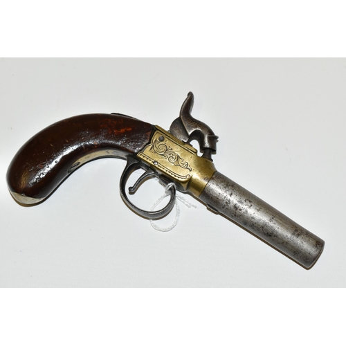 284 - A WORN CONDITION ANTIQUE 52 BORE SCREW OFF BARREL BOXLOCK PERCUSSION PISTOL, the brass body is light... 