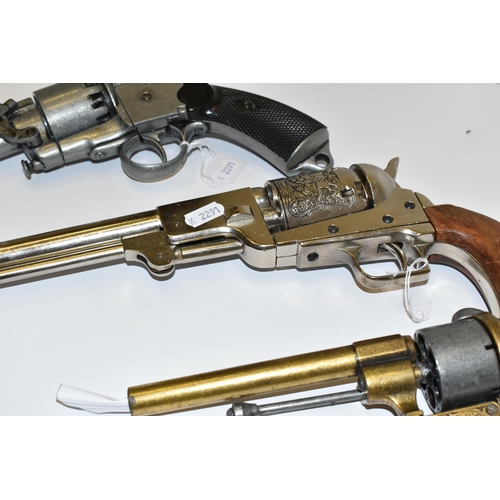 285 - THREE WHITE METAL REPLICA REVOLVERS, designed so they are incapable of conversion to fire live cartr... 