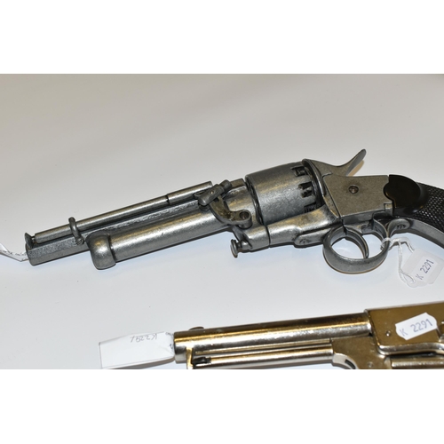 285 - THREE WHITE METAL REPLICA REVOLVERS, designed so they are incapable of conversion to fire live cartr... 