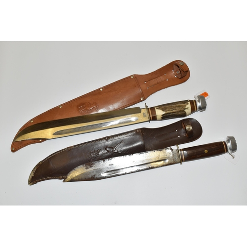 286 - TWO HIGH QUALITY GERMAN HUNTING SHEATH KNIVES IN FITTED LEATHER SHEATHS, each bearing the motif of a... 