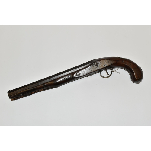 287 - AN ANTIQUE FLINTLOCK PISTOL APPARENTLY IN THE INITIAL STAGES OF CONVERSION TO PERCUSSION, its lock i... 