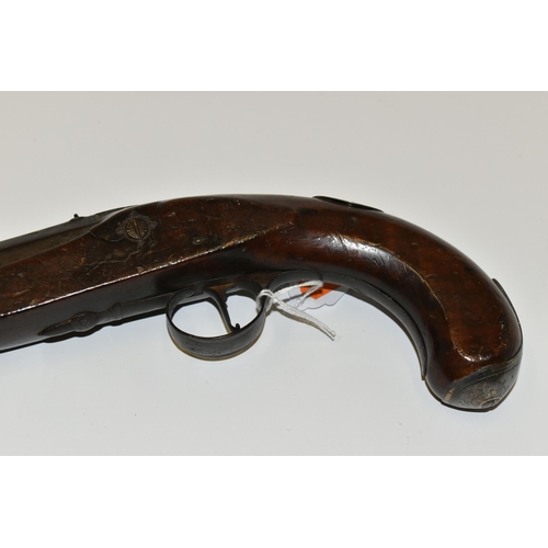 287 - AN ANTIQUE FLINTLOCK PISTOL APPARENTLY IN THE INITIAL STAGES OF CONVERSION TO PERCUSSION, its lock i... 