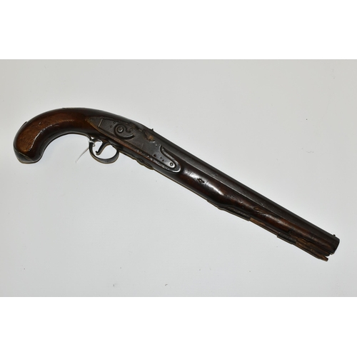 287 - AN ANTIQUE FLINTLOCK PISTOL APPARENTLY IN THE INITIAL STAGES OF CONVERSION TO PERCUSSION, its lock i... 