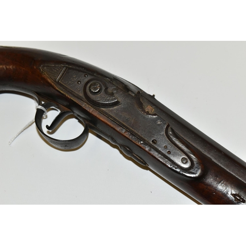 287 - AN ANTIQUE FLINTLOCK PISTOL APPARENTLY IN THE INITIAL STAGES OF CONVERSION TO PERCUSSION, its lock i... 