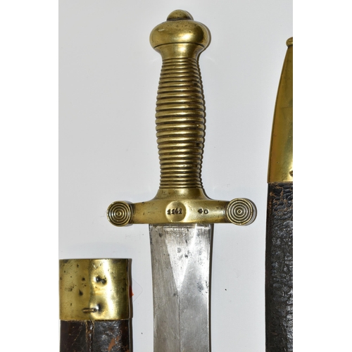 288 - TWO MID 19TH CENTURY FRENCH ARMY CADETS GLADIUS SWORDS, in their original leather covered scabbards ... 