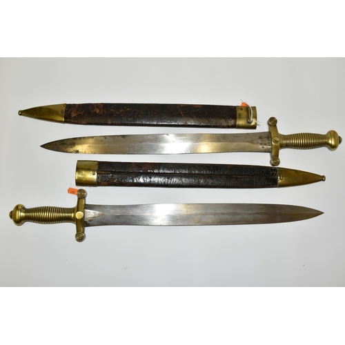 288 - TWO MID 19TH CENTURY FRENCH ARMY CADETS GLADIUS SWORDS, in their original leather covered scabbards ... 