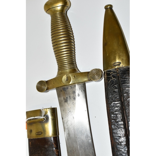 288 - TWO MID 19TH CENTURY FRENCH ARMY CADETS GLADIUS SWORDS, in their original leather covered scabbards ... 