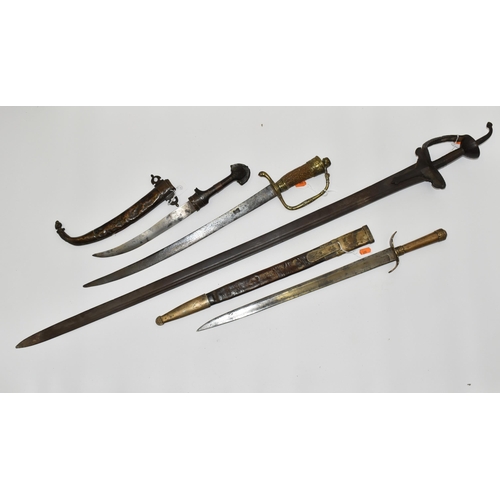 289 - FOUR VARIOUS SWORDS AND KNIVES , comprising a poor quality knife with a double edged blade knife of ... 