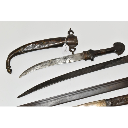 289 - FOUR VARIOUS SWORDS AND KNIVES , comprising a poor quality knife with a double edged blade knife of ... 