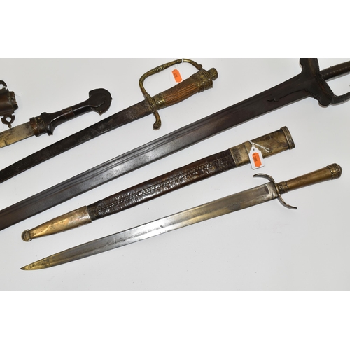 289 - FOUR VARIOUS SWORDS AND KNIVES , comprising a poor quality knife with a double edged blade knife of ... 