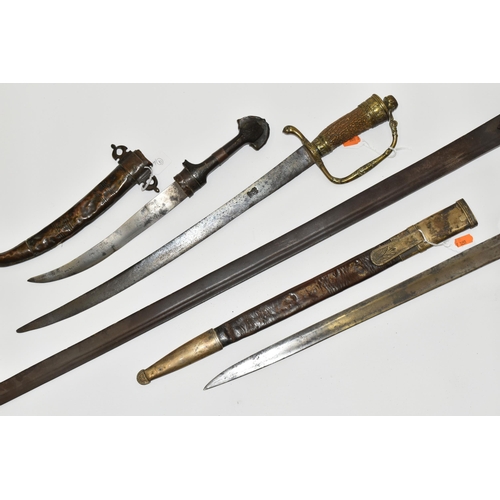 289 - FOUR VARIOUS SWORDS AND KNIVES , comprising a poor quality knife with a double edged blade knife of ... 