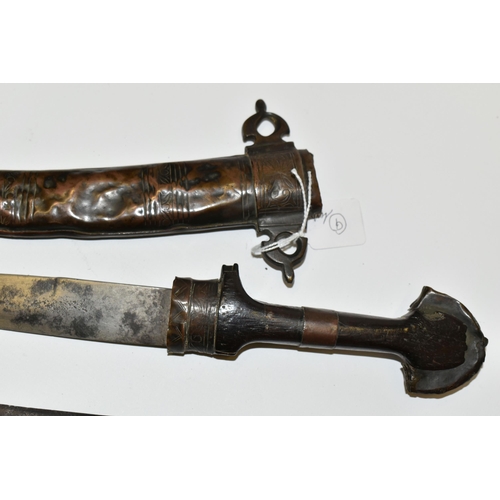 289 - FOUR VARIOUS SWORDS AND KNIVES , comprising a poor quality knife with a double edged blade knife of ... 