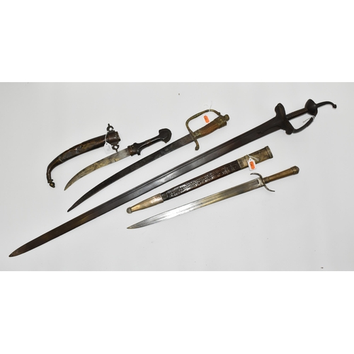 289 - FOUR VARIOUS SWORDS AND KNIVES , comprising a poor quality knife with a double edged blade knife of ... 