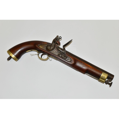 290 - A FLINTLOCK SINGLE BARREL 17 BORE MILITARY DESIGN HOLSTER PISTOL, fitted with a 9'' barrel  bearing ... 