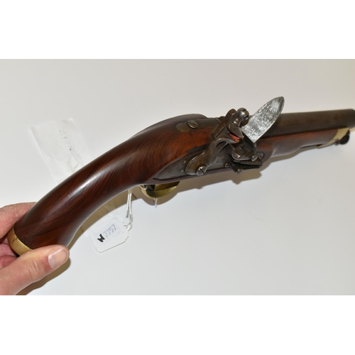 290 - A FLINTLOCK SINGLE BARREL 17 BORE MILITARY DESIGN HOLSTER PISTOL, fitted with a 9'' barrel  bearing ... 