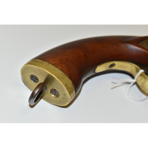 290 - A FLINTLOCK SINGLE BARREL 17 BORE MILITARY DESIGN HOLSTER PISTOL, fitted with a 9'' barrel  bearing ... 