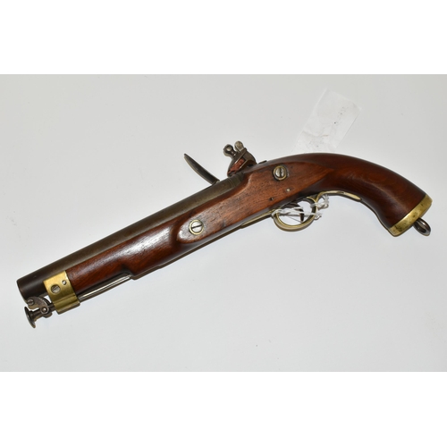 290 - A FLINTLOCK SINGLE BARREL 17 BORE MILITARY DESIGN HOLSTER PISTOL, fitted with a 9'' barrel  bearing ... 