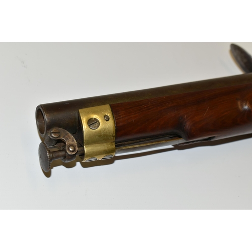 290 - A FLINTLOCK SINGLE BARREL 17 BORE MILITARY DESIGN HOLSTER PISTOL, fitted with a 9'' barrel  bearing ... 