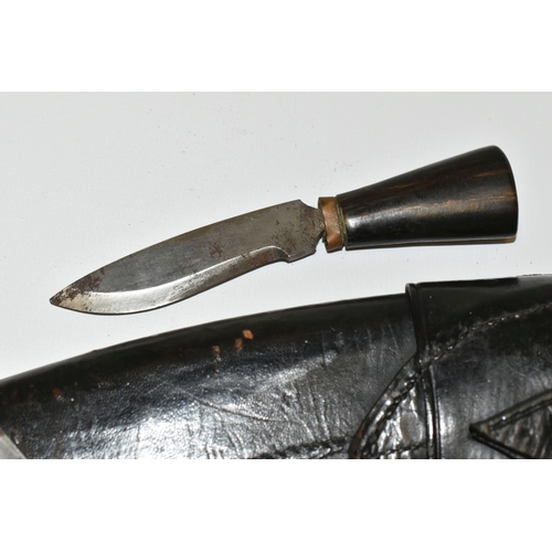 291 - A NEPALESE GURKHA KUKRI KNIFE, in its leather scabbard complete with its Kardar and Chakma knives