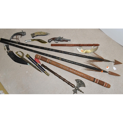 293 - A BOX AND LOOSE OF REPLICA SWORDS, DAGGERS, PISTOL , SPEARS AND A DIGERIDOO, to include two African ... 