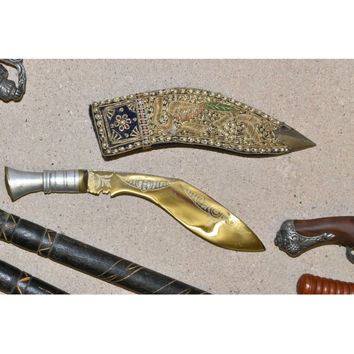 293 - A BOX AND LOOSE OF REPLICA SWORDS, DAGGERS, PISTOL , SPEARS AND A DIGERIDOO, to include two African ... 