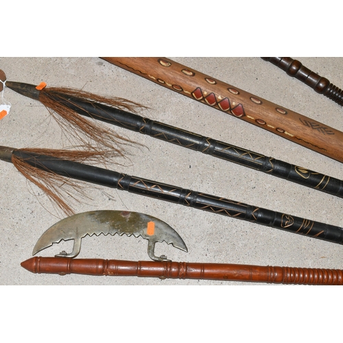 293 - A BOX AND LOOSE OF REPLICA SWORDS, DAGGERS, PISTOL , SPEARS AND A DIGERIDOO, to include two African ... 