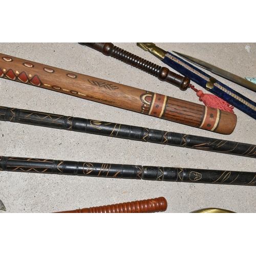 293 - A BOX AND LOOSE OF REPLICA SWORDS, DAGGERS, PISTOL , SPEARS AND A DIGERIDOO, to include two African ... 