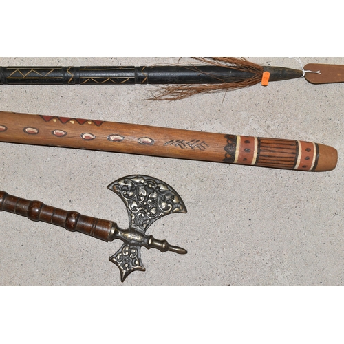 293 - A BOX AND LOOSE OF REPLICA SWORDS, DAGGERS, PISTOL , SPEARS AND A DIGERIDOO, to include two African ... 