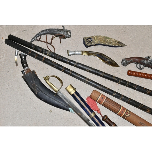 293 - A BOX AND LOOSE OF REPLICA SWORDS, DAGGERS, PISTOL , SPEARS AND A DIGERIDOO, to include two African ... 