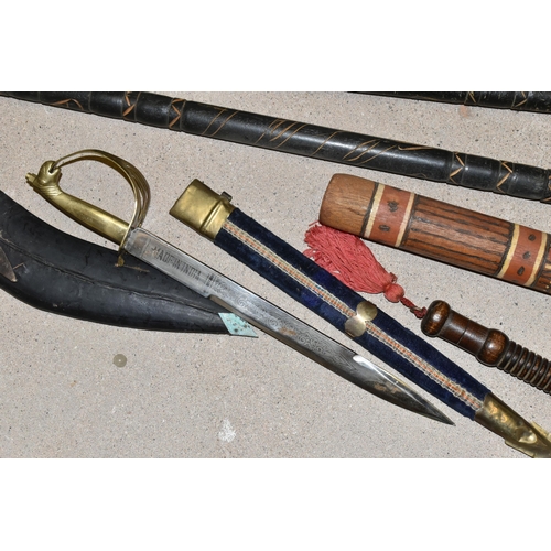 293 - A BOX AND LOOSE OF REPLICA SWORDS, DAGGERS, PISTOL , SPEARS AND A DIGERIDOO, to include two African ... 