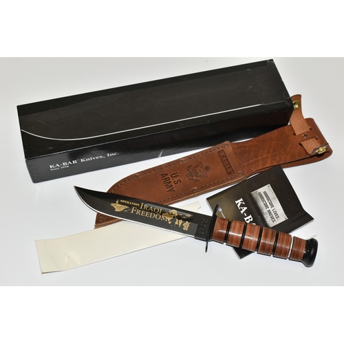 294 - A BOXED KA-BAR US ARMY STYLE KNIFE, etched 'Operation Iraqi Freedom' blade 7'' / 18cm blade, wooden ... 