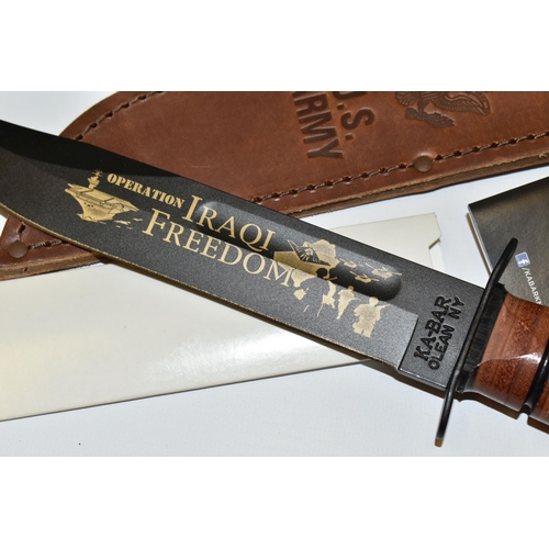 294 - A BOXED KA-BAR US ARMY STYLE KNIFE, etched 'Operation Iraqi Freedom' blade 7'' / 18cm blade, wooden ... 