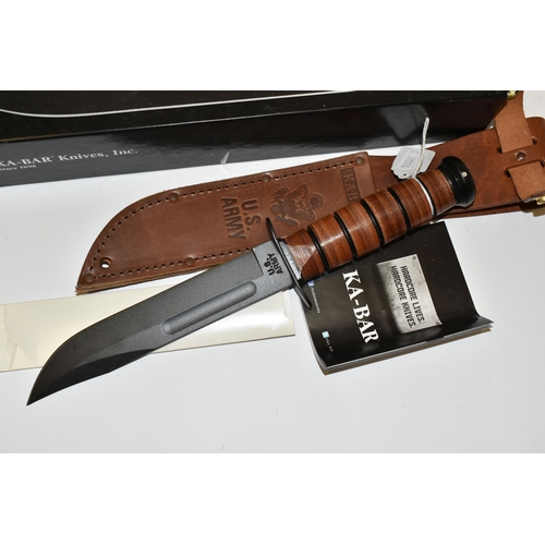 294 - A BOXED KA-BAR US ARMY STYLE KNIFE, etched 'Operation Iraqi Freedom' blade 7'' / 18cm blade, wooden ... 