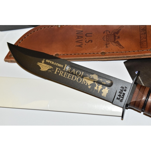 295 - A BOXED KA-BAR US ARMY STYLE KNIFE, etched 'Operation Iraqi Freedom' blade 7'' / 18cm blade, wooden ... 