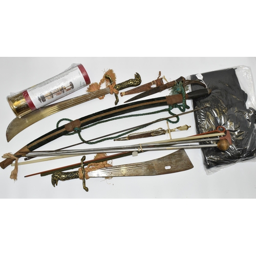 298 - A BOX OF SHOOTING ACCESSORIES, REPLICA SWORDS, ETC, including a gun cleaning kit housed in a cartrid... 