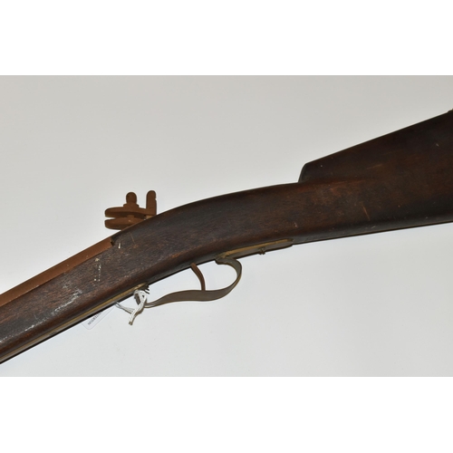 300 - A REPRODUCTION OF A FLINTLOCK RIFLE, lacks ram rod, non-firing, overall length 134cm, rusted conditi... 