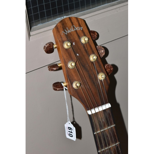610 - A WALDEN 'NATURA' CLASSICAL GUITAR, model number 048645, paper label inside, solid spruce top, gold ... 