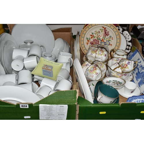 424 - TWO BOXES OF DINNERWARE,  to include a quantity of German 'Thomas' white and silver gilt dinnerware,... 