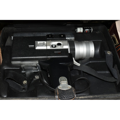 425 - ONE BOX OF CAMERA EQUIPMENT, to include a Canon Super 8 Auto Zoom 518 camera with case, a pair of fi... 