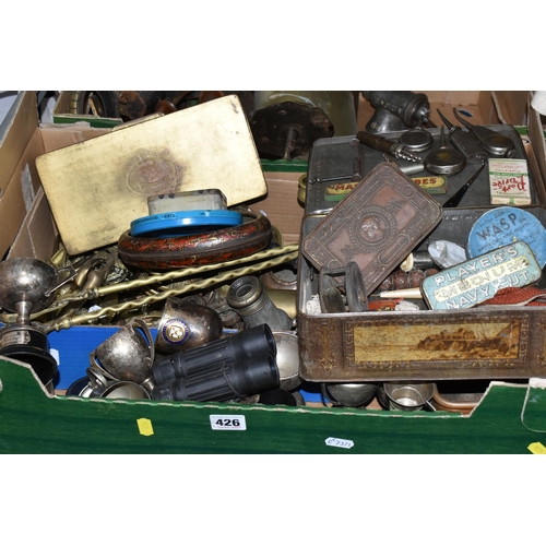 426 - TWO BOXES OF BRASSWARE, to include a large metal State Express Cigarettes box, a WWI Christmas 1914 ... 