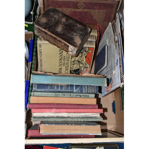 427 - FOUR BOXES OF CERAMICS, BOOKS AND VINTAGE TELEPHONES, to include two H.P Co. 'Jackie' figurines, a g... 