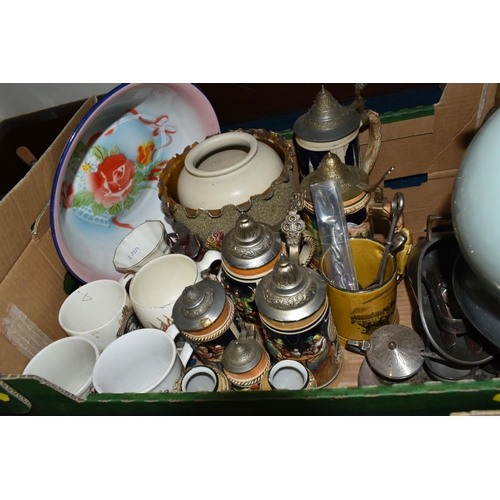 427 - FOUR BOXES OF CERAMICS, BOOKS AND VINTAGE TELEPHONES, to include two H.P Co. 'Jackie' figurines, a g... 