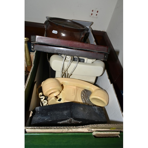 427 - FOUR BOXES OF CERAMICS, BOOKS AND VINTAGE TELEPHONES, to include two H.P Co. 'Jackie' figurines, a g... 