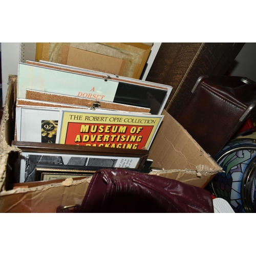 428 - FIVE BOXES OF MISCELLANEOUS SUNDRIES, to include two sewing boxes, vintage buttons, table lamps, CDs... 